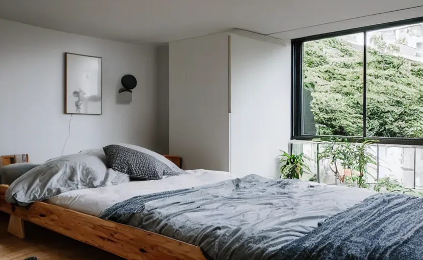 Image similar to a bright and cozy minimalist bedroom, white and pine wood, bed, cupboards, green potted plants, large window with a view of large concrete Japanese apartment blocks