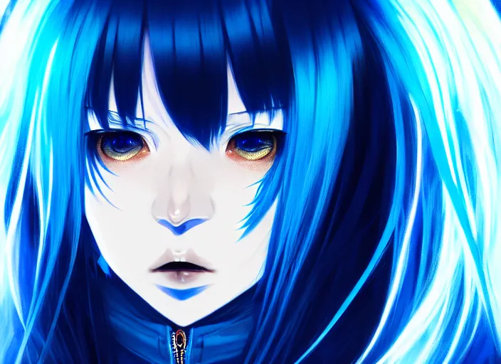 Image similar to full face shot of rimuru tempest, sky blue straight hair, long bangs, with amber eyes, wearing a black jacket, high collar, ultra detailed, concept art, award winning photography, digital painting, cinematic, wlop artstation, closeup, pixiv, evil, yoshitaka amano, andy warhol, ilya kuvshinov,