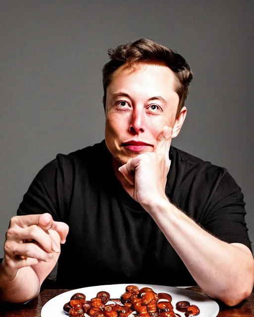 Image similar to a portrait of elon musk sitting at the dining table with a plate containing gulab jamun in front of him, highly detailed, trending on artstation, bokeh, 9 0 mm, f / 1. 4