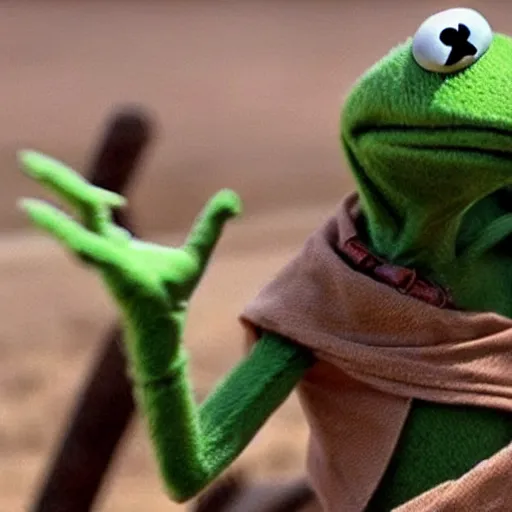 Prompt: kermit the frog in a scene from mad max