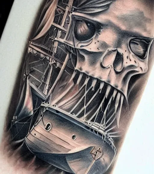 Image similar to A realistic painting of a pirate ship, realism tattoo design, highly detailed tattoo, shaded tattoo, hyper realistic tattoo