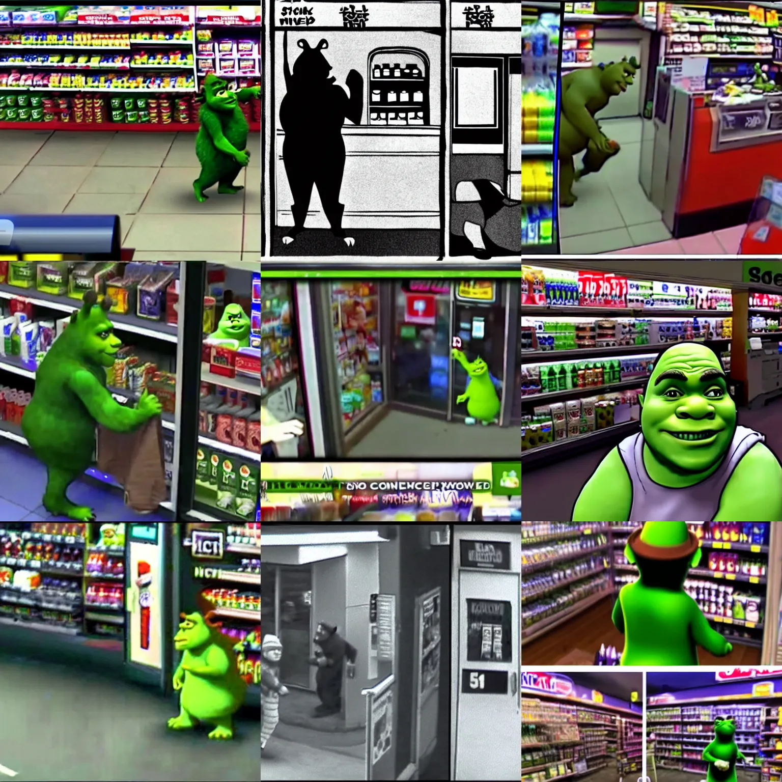 Prompt: cctv footage of shrek robbing a convenience store