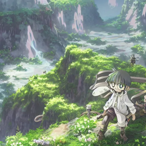 Image similar to made in abyss anime landscape art