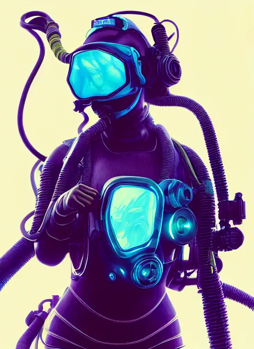 Prompt: rtx : : hi - fructose | cyberpunk scuba diver | an ultrafine hyperrealistic illustration by artgerm and mucha and feng zhu and beeple : : intricate linework, final fantasy, octane render, global illumination, radiant light, intricate environment, sharp focus