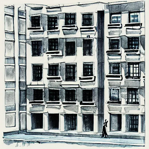 Prompt: drawing of bauhaus buildings in a square in tel aviv. highly detailed. pen drawing watercolors.