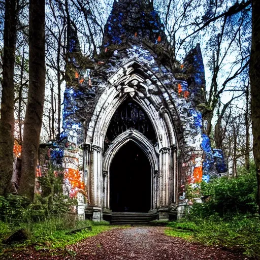 Prompt: dark moody crumbling stone ancient symmetrical cathedral ruins with a gothic arch stained glass window in a dark forest, overgrown with blue and orange flowers, crepuscular light, radiating beams of sunlight