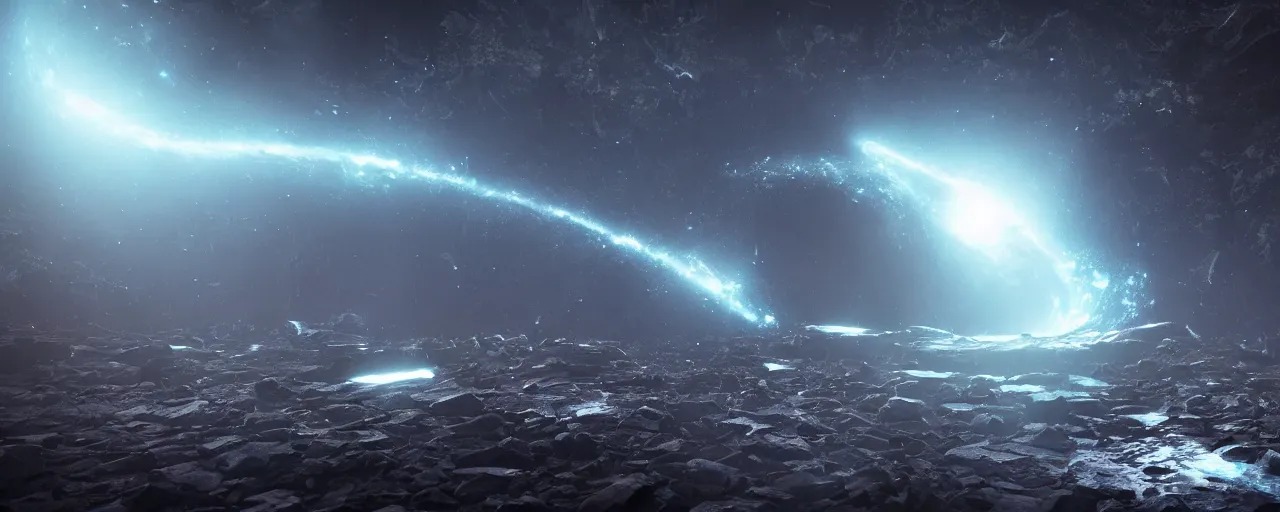 Image similar to a dark epic swirling galaxy, dark scifi, unreal engine, octane render, volumetric lighting