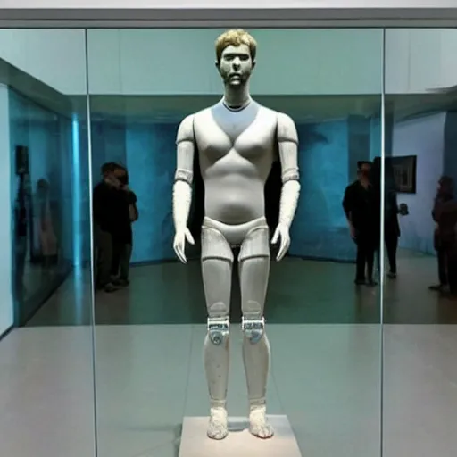 Image similar to “ a realistic detailed photo of a guy who is an attractive humanoid who is half robot and half humanoid, who is a male android, actor liam hemsworth, shiny skin, posing like a statue, blank stare, at the museum, on display ”