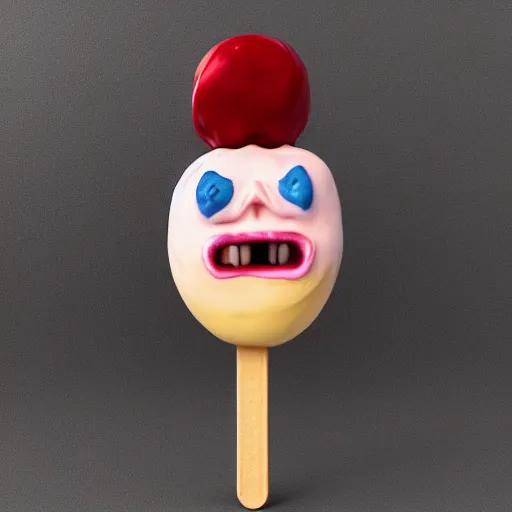 Prompt: ice cream popsicle shaped like screaming chucky doll, octane render, centered, slightly melted