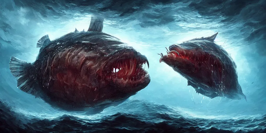 Prompt: giant colossal anglerfish from the depths, concept art, digital illustration, trending on artstation, deviantart, artgerm, epic composition, masterpiece, highly detailed, advanced technique, ambient lighting, wlop, ross draws