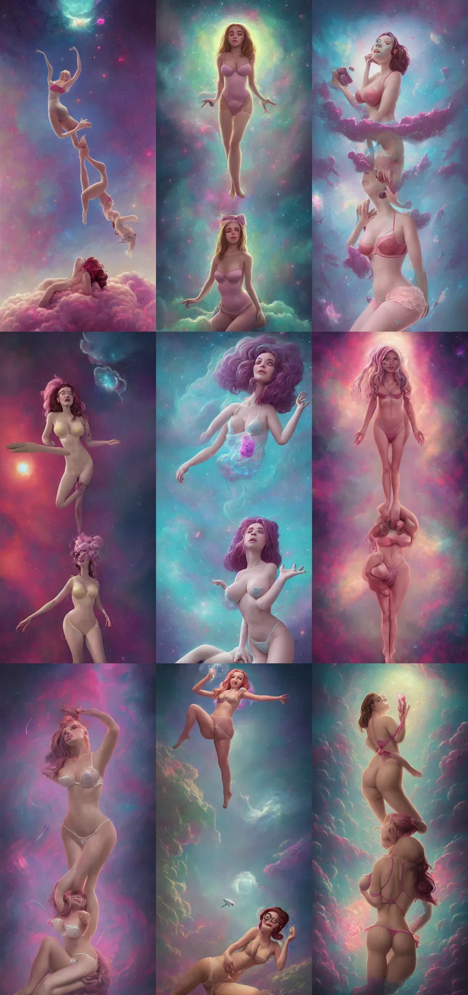 Prompt: belle delphine in lingerie full body floating in a nebula by tomasz alen kopera and svetlin velinov and eddie jones and simon stahlenhag