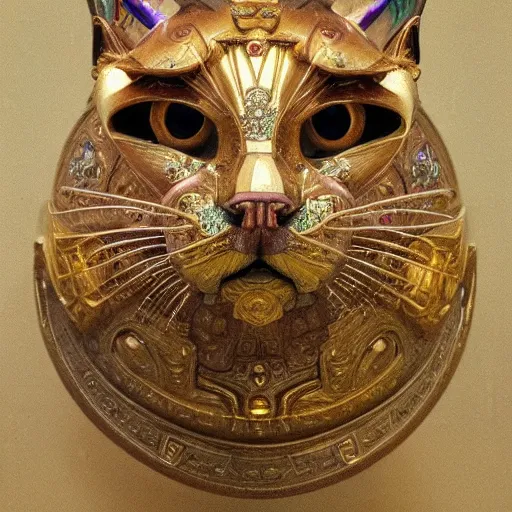 Image similar to masterpiece sculpture of an ornate bejeweled mechanical cat head, by annie swynnerton and diego rivera and nicholas roerich and jean delville, symbolist, dramatic lighting, god rays, elaborate geometric ornament, art brut, rich colors, smooth, sharp focus, extremely detailed, adolf wolfli and ( donato giancola )