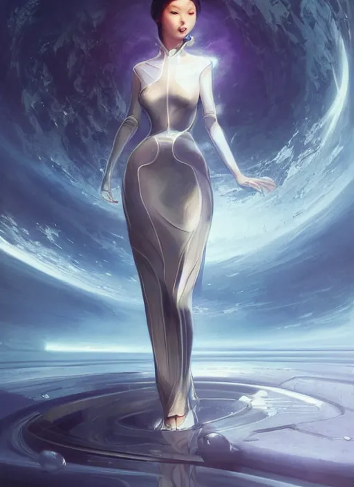 Prompt: beautiful Japanese female teen in sumptuous futuristic slim dress, scifi spacetation, unrealistic, unreal engine, by Peter mohrbacher and Boris Vallejo