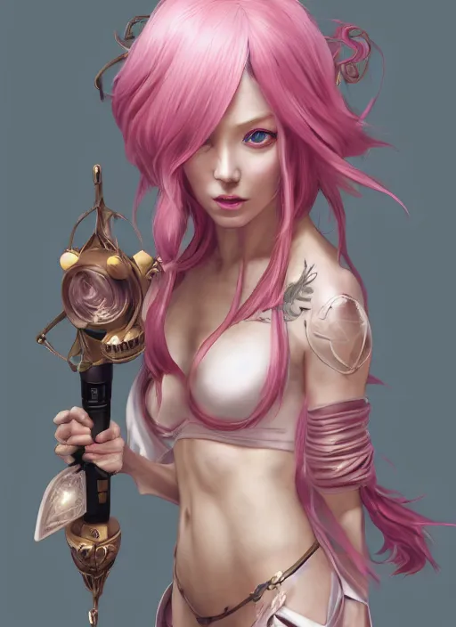 Image similar to seraphine, from league of legends, pink hair, studio microphone, new musical instruments, au naturel, hyper detailed, digital art, trending in artstation, cinematic lighting, studio quality, smooth render, unreal engine 5 rendered, octane rendered, art style by klimt and nixeu and ian sprigger and wlop and krenz cushart