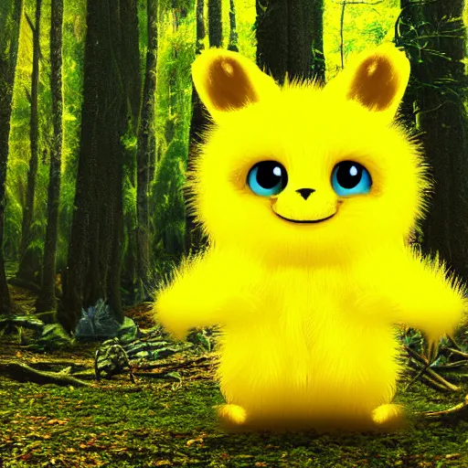 Image similar to A cute yellow furry monster in the forest, digital art