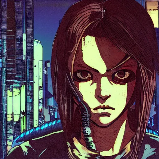 Image similar to android, killer - girl, high detail of the face, full body, close - up, 1 / 6 katsuya terada, style of cyberpunk, night, city,