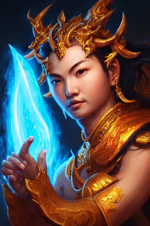 Image similar to a masterpiece portrait of nezha, legendary god holding spear, flame everywhere, epic pose, fantasy character portrait, closeup shot, hyper detailed, digital painting, 8 k realistic, trending on artstation, sharp focus, dof, by fenghua zhong, artgerm, ne zha from smite, jeff easley, raymond swanland