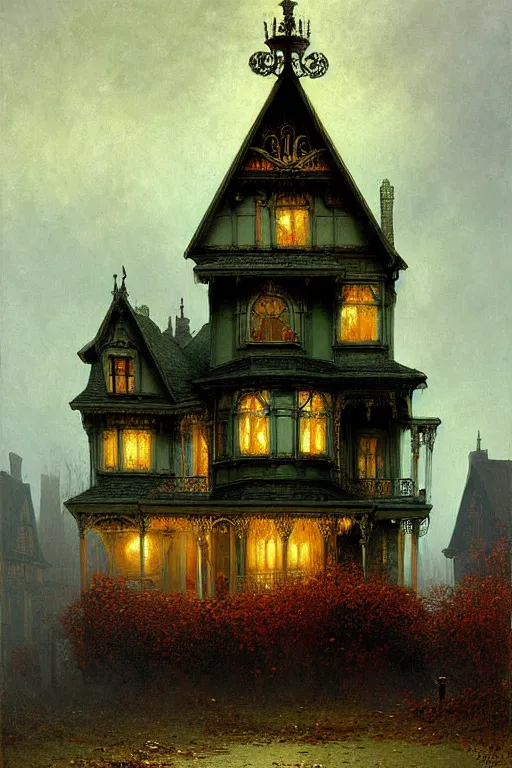 Image similar to detailed painting of a haunted victorian living capsule architecture, autumn, filigree ornaments, ghostly apparitions, andreas achenbach