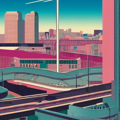 Image similar to retrowave by richard mcguire, by tiago haseltine churning. a mixed mediart of a cityscape. the mixed mediart shows a view from an elevated train line of the city below.