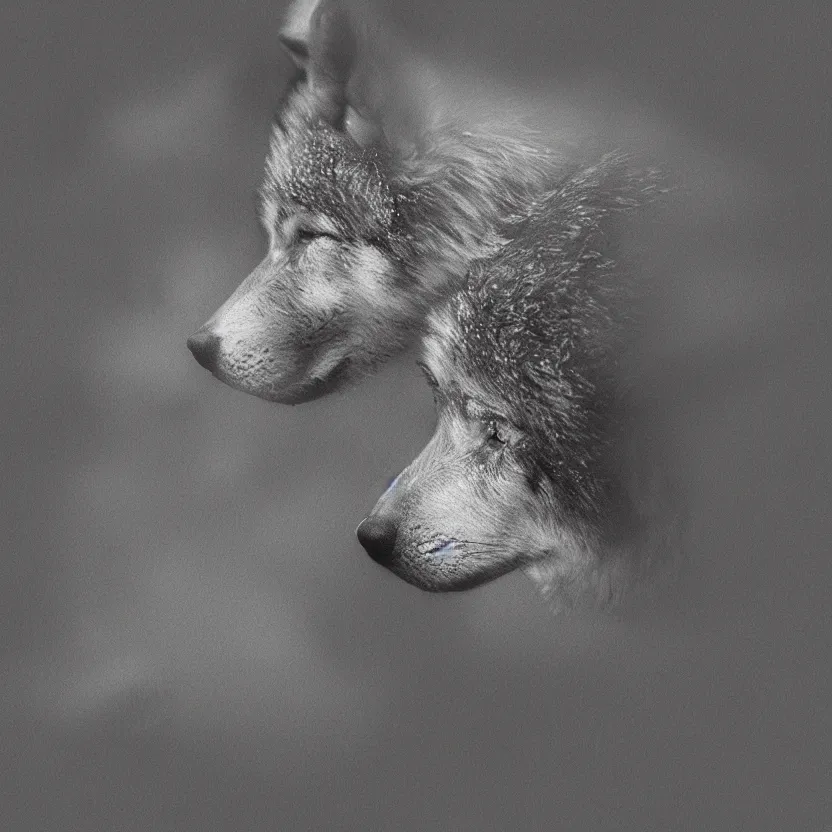 Image similar to a wolf pup deep in thought, digital art, duotone