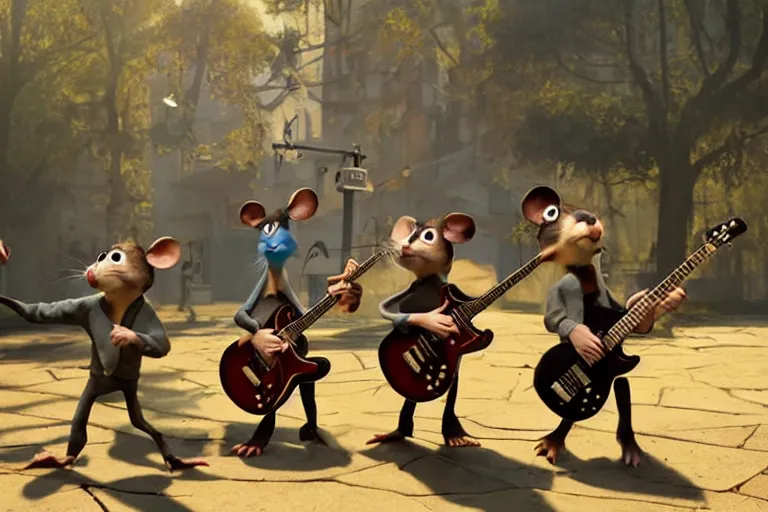 Image similar to rats playing in a rock band inspired by the beatles, beautiful, dreamlike, wholesome, pixar and disney animation, sharp, rendered in unreal engine 5, art by greg rutkowski, bloom, dramatic lighting, brown pallete,