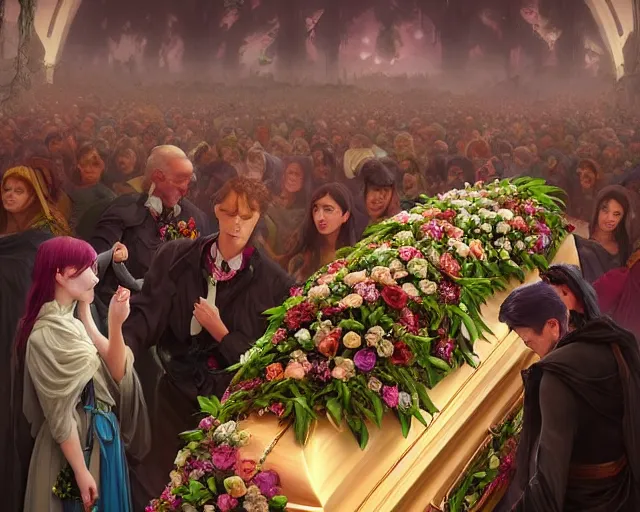 Image similar to a funeral with coffin, flowers and mourners in a coles supermarket, photography of kurzgesagt, deep focus, d & d, fantasy, intricate, elegant, highly detailed, digital painting, artstation, concept art, matte, sharp focus, illustration, hearthstone, art by artgerm and greg rutkowski and alphonse mucha