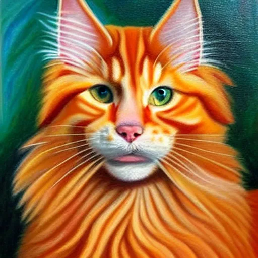 Prompt: beautiful oil painting of an orange mainecoon with a white beard. wearing a white wide brimmed sombrero
