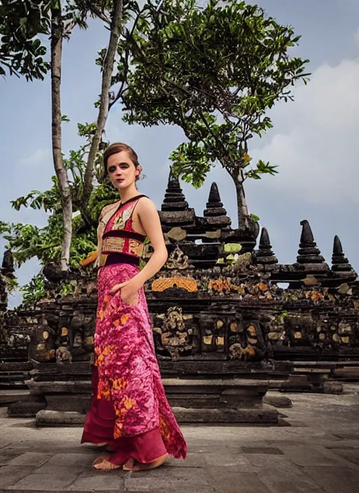 Prompt: emma watson wearing kebaya bali in bali. iconic place in bali. front view. instagram holiday photo shoot, 8 5 mm