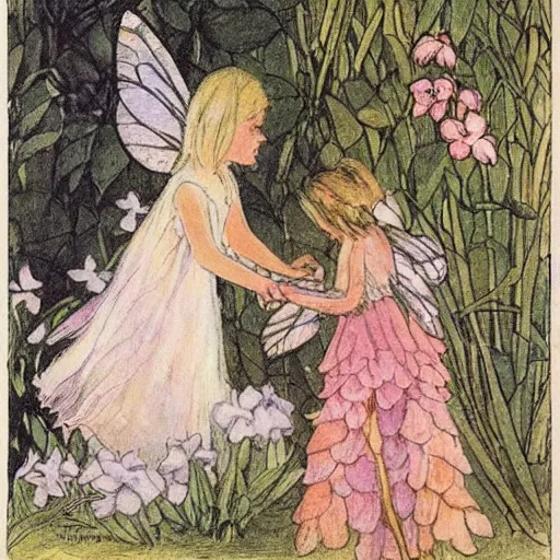 Prompt: a fairy posing with oleander illustration by Cicely Mary Barker