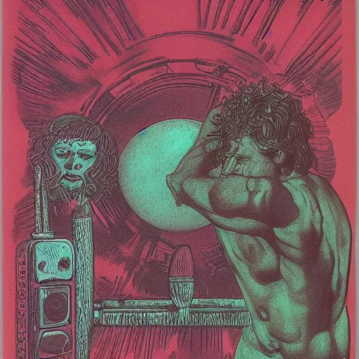 Prompt: 1980 xerox fanzine cutout collage, ancient greek, morning hour on Jupiter, punk party, aquatical plants, painted part by Kilian Eng, part by Leonardo DaVinci, part by zdzisław beksiński, composition by Max ernst, 35mm, graflex