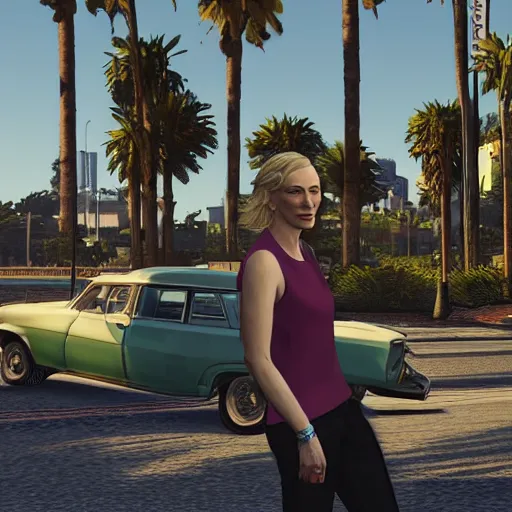 Image similar to cate blanchett in GTA v. Los Santos in the background, palm trees. In the art style of Stephen Bliss.