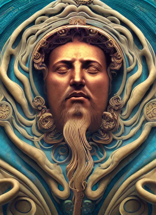 Image similar to roman emperor, wooden art nouveau swirls, subsurface scattering, in the style of james jean and tomasz alen kopera and alex konstad, mystical colors, rim light, beautiful lighting, 8 k, stunning scene, raytracing, octane render, trending on artstation