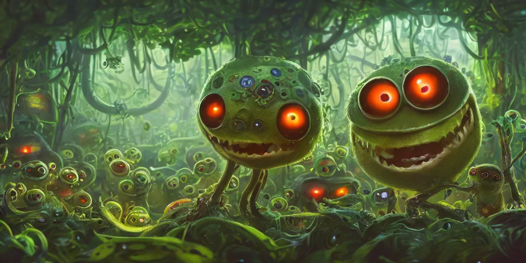 Prompt: of an intricate murky jungle with strange cute friendly smiley creatures with huge eyes, long tongue, round teeth and funny face appearing from the plants, in the style of craola, macro lens, shallow depth of field, highly detailed, digital painting, trending artstation, concept art, illustration, cinematic lighting, vibrant colors, photorealism, epic, octane render