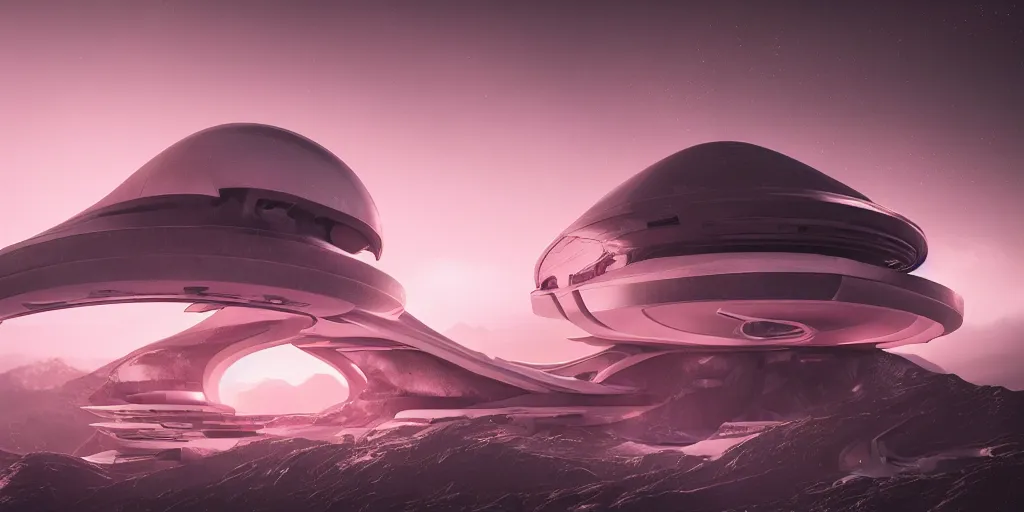Prompt: futuristic space station in the mountains, cinematic lighting, intricate details, octane rendering, zaha hadid building, cinematic matte, pink sunset, falling snow, monochrome colors, trending on artstation, featured on behance
