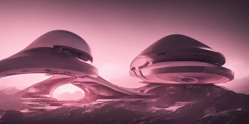 Image similar to futuristic space station in the mountains, cinematic lighting, intricate details, octane rendering, zaha hadid building, cinematic matte, pink sunset, falling snow, monochrome colors, trending on artstation, featured on behance