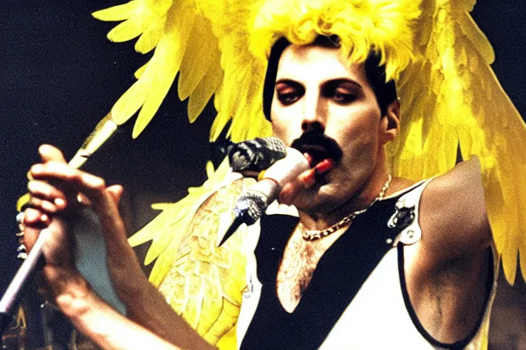 Prompt: freddie mercury singing at a death metal punk concert. mosh pit, elaborate clothing, violent rock concert yellow and white clothing, huge angel wings - s 1 5 0