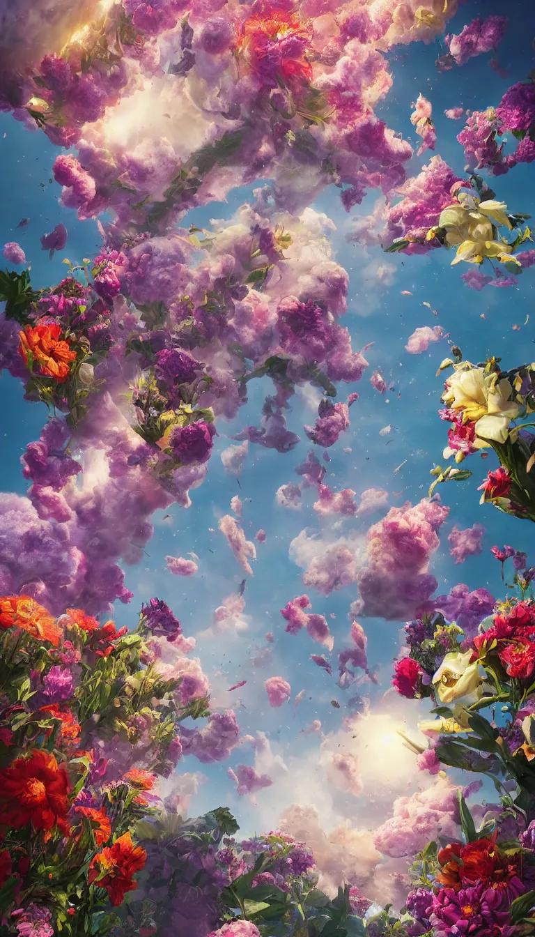 Image similar to An epic fantastic realism comic book style painting of the most beautiful flowers launched into space, bouquets, fisheye lens, unreal 5, DAZ, hyperrealistic, octane render, dynamic lighting