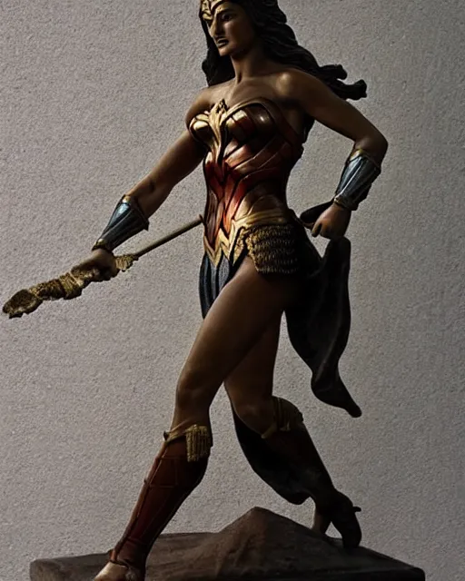 Image similar to a beautiful bronze statue of wonder woman, ancient greece, photorealistic, atmospheric