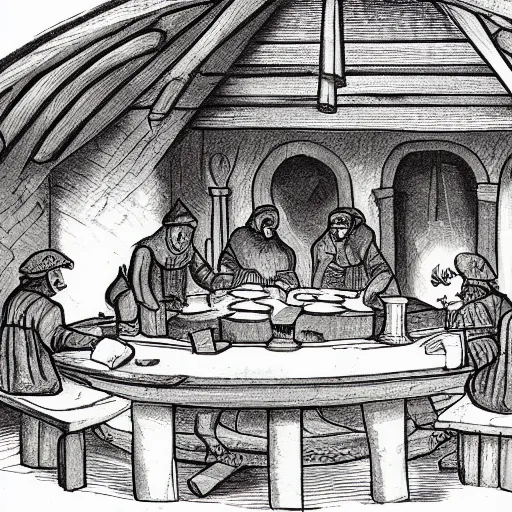 Image similar to Sketch of a medieval tavern with one floor, a counter, four round tables and a fireplace