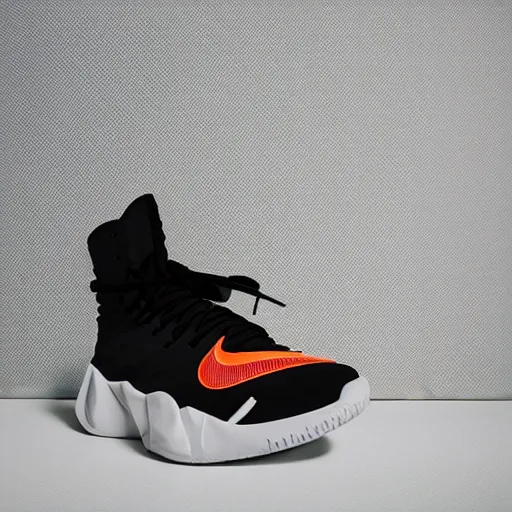 Prompt: a studio photoshoot of A Nike basketball sneaker designed by Virgil Abloh, mesh fabrics, Off-White, realistic, color film photography by Tlyer Mitchell, 35 mm, graflex