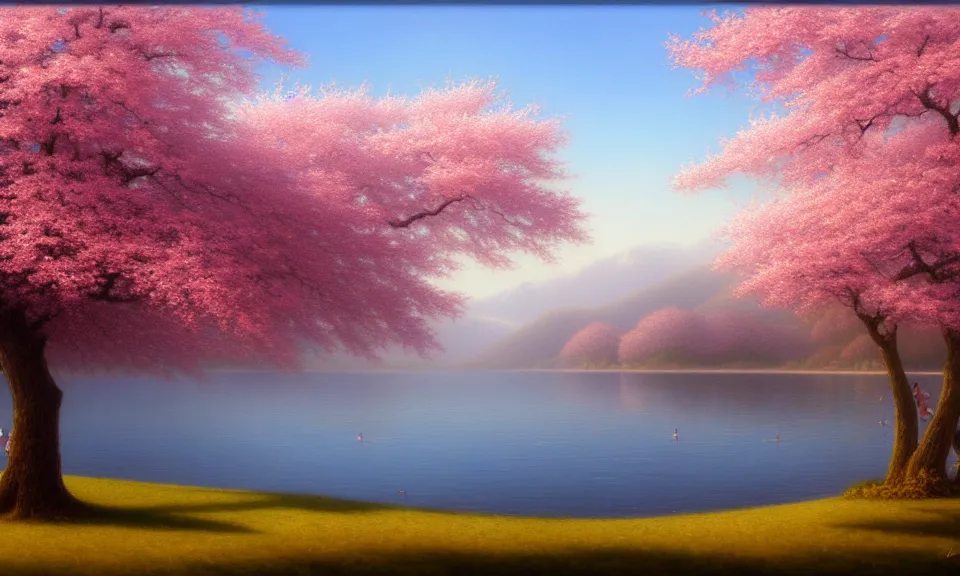 Image similar to a detailed photorealistic computer rendering of cherry trees by the lake, by christophe vacher, trending on artstation