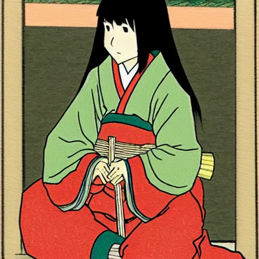 Image similar to anime art, a japanese woman holding a kanabo kneeling for an altar