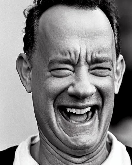 Image similar to tom hanks laughing, hyper realism, high detail, extremely detailed, very sharp, award winning photoin the style of mary ellen mark