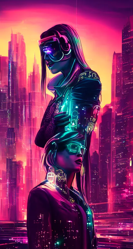 Image similar to Portrait of a beautiful cyberpunk women, trending on artstation, city skyline on background, neon lights, glow, sunset, crystal color, 4k