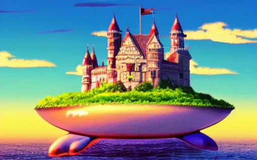 Prompt: a floating island in the sky with a giant castle on top, sunset, drawn by hayao miyazaki, hi res, 4k