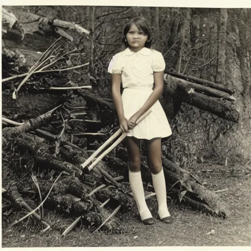 Prompt: a middle-school girl with short brown hair wearing a white dress and holding a bundle of firewood, high resolution film still