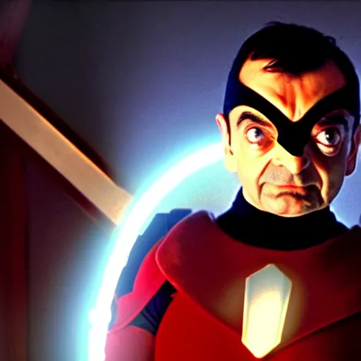 Image similar to mr. bean as powerranger. movie still. cinematic lighting.