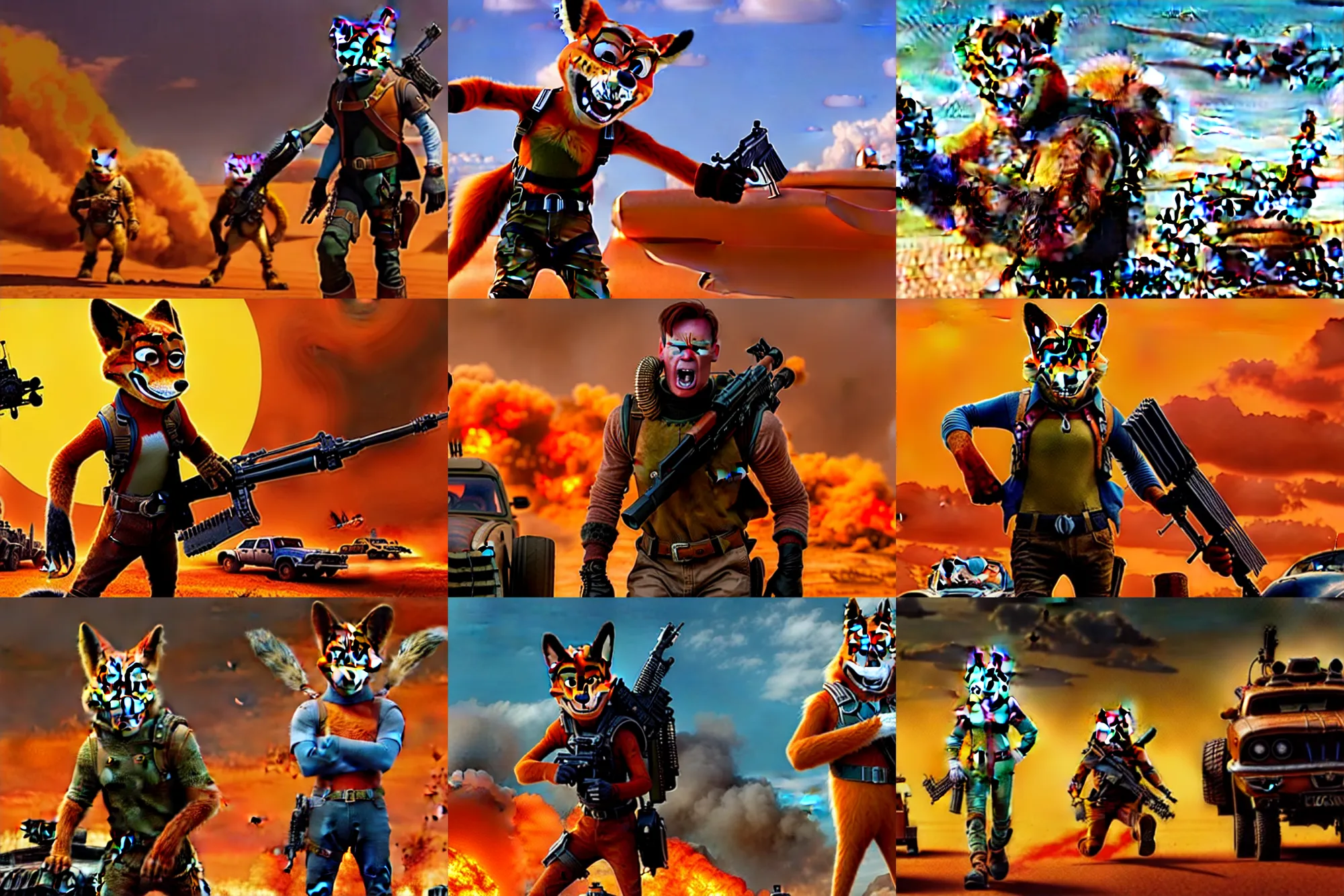 Image similar to nick wilde, heavily armed and armored facing down armageddon in a dark and gritty reboot from the makers of mad max : fury road