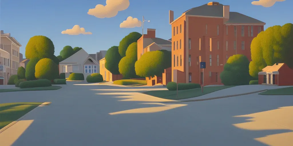 Image similar to kansas quiet street, blue sky, summer evening, kenton nelson