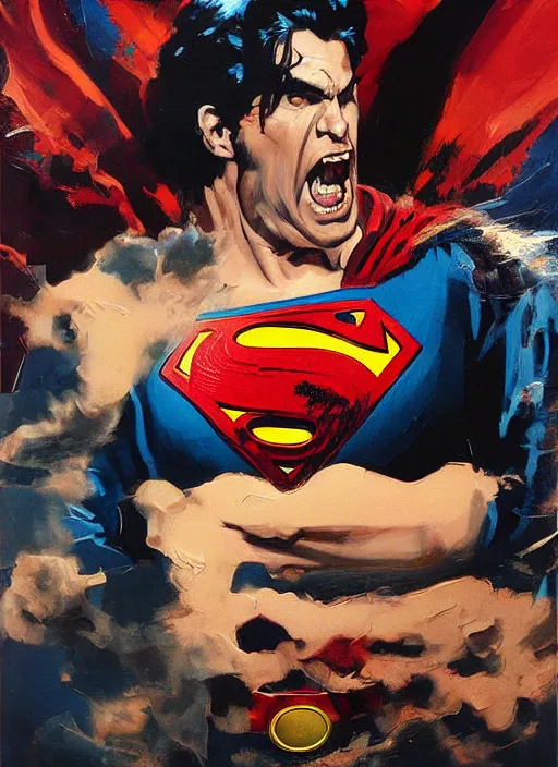 Image similar to angry joe screaming, superman shirt, leather jacket, painting by phil hale, fransico goya,'action lines '!!!, graphic style, visible brushstrokes, motion blur, blurry